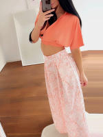 Women casual 2 pieces set elegant v neck short sleeve tops and print wide leg pants - details 6