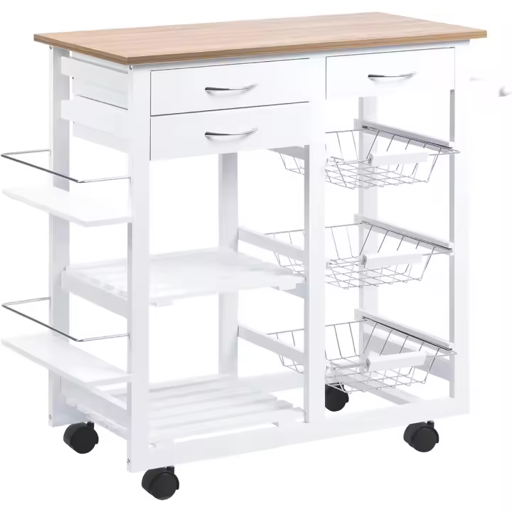 Carrito de cocina multifuncional con cajones, cestas, estantes para especias, toallero y ruedas, 92x37x82 cm, blanco - 1