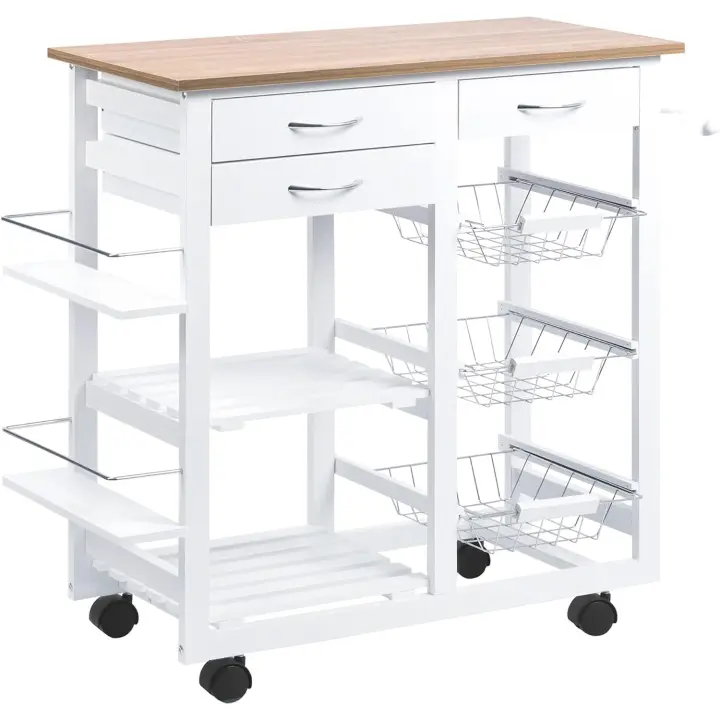 Carrito de cocina multifuncional con cajones, cestas, estantes para especias, toallero y ruedas, 92x37x82 cm, blanco - 1