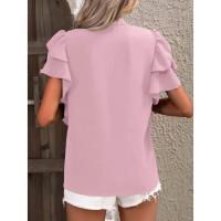 Jersey Elegante De Color Rojo Rosa Para Mujer, Blusa Informal Con Cuello En V Y Mangas Con Volantes De Doble Capa, Top De Color Sólido - details 11