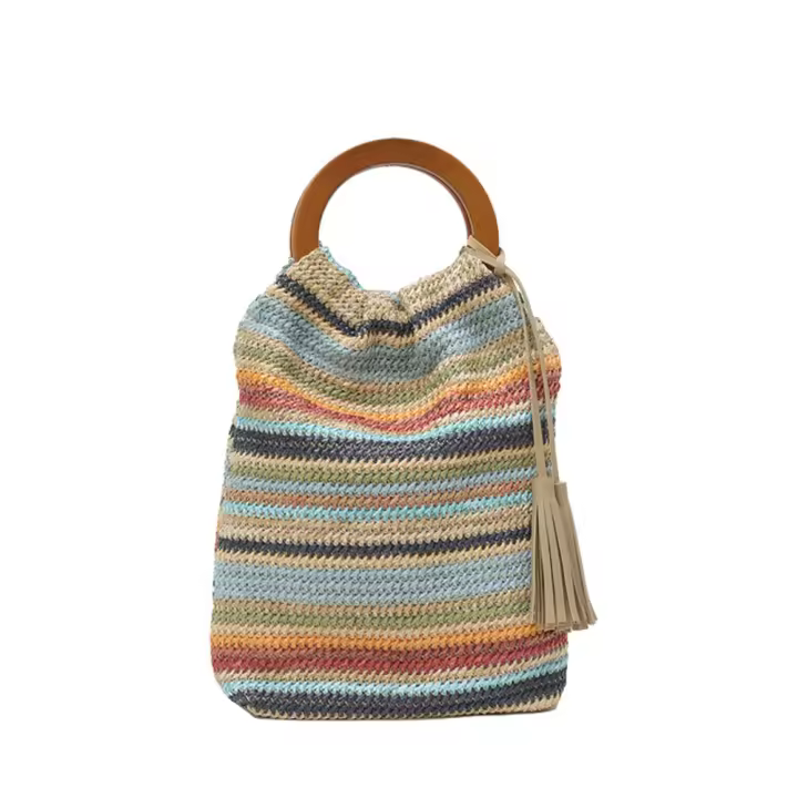Bolso tejido de arcoíris de estilo bohemio, bolso de mano con borlas, bolso de cubo de verano, bolso de ganchillo tejido dulce para playa, vacaciones - 1