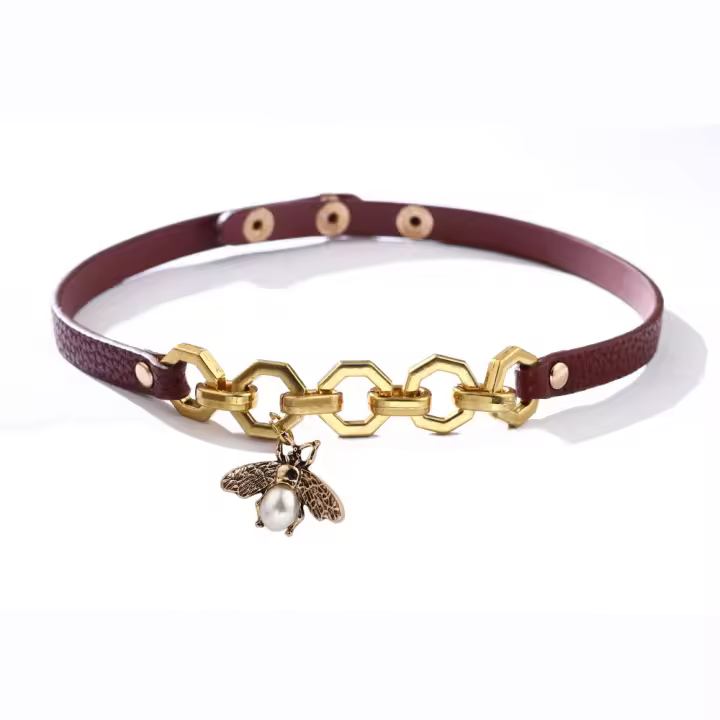 Collar de cuero PU con diseño de abeja retro, gargantilla con cadena y detalle de insecto. - 1