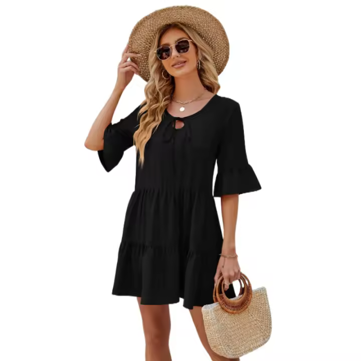 Vestido de Verano de Malla Cuello en V, Manga Corta, Ajuste Suelto, Moda Casual para Mujeres - 1