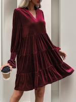 Otoño e Invierno suelto Color sólido con cuello en V vestidos de manga larga para mujer nuevo en elegante Retro Casual Midi vestido femenino - details 18