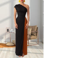 Invitada con un hombro largo y diseño de bloques de color Wo, estilo elegante, vestido de noche de boda de longitud media, vestido nquet para Wo, estilo, , - details 1