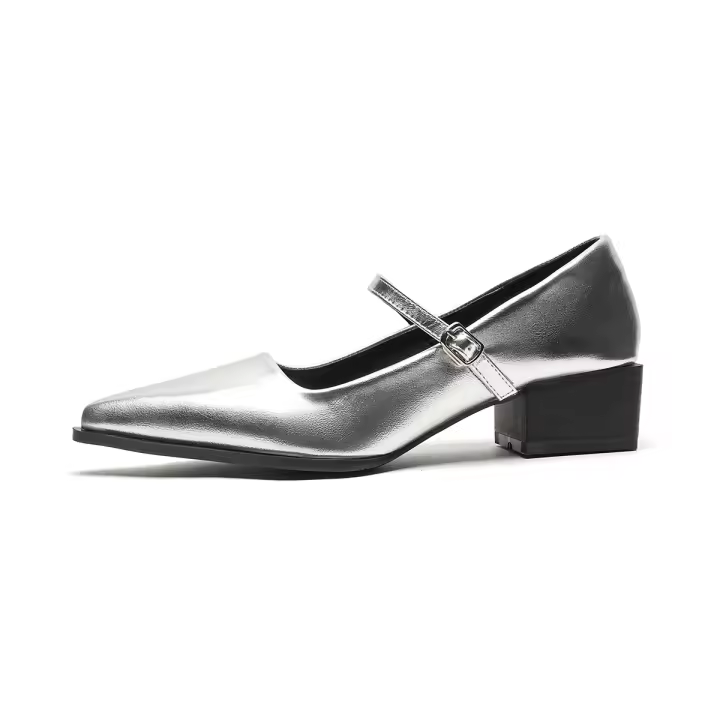 Zapatos franceses de punta puntiaguda para mujer, tacones gruesos, una tira, tacones altos, elegantes zapatos Mary Jane plateados - 1