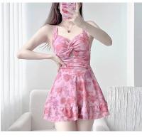 Traje de baño conservador de moda coreana sexy de una pieza con estampado floral rosa y nudo arrugado mini vestido culottes bikinis traje de baño acolchado - details 13