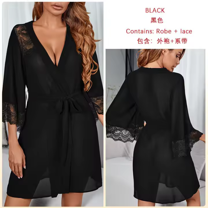 Camisón sexy de gasa con encaje y parches, bata exterior transparente para mujer - 1