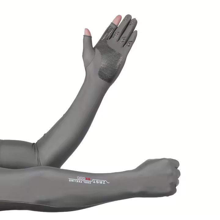 Mangas de protección solar de fibra para hombre verano, 100% spandex de alto estiramiento de color sólido, guantes de deportes al aire libre antideslizantes de refrigeración, cubiertas de dos dedos para ciclismo, pesca, conducción, uso de teléfono - 1