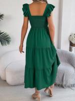 Escote cuadrado de verano con mangas anchas y pliegues, vestido informal de algodón transpirable para playa o uso diario, estilo bohemio - details 15