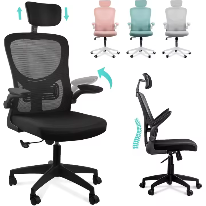 Silla de Oficina Ergonómica Ajustable, Reclinable, Soporte Lumbar, Reposacabezas, Plegable, Transpirable, Ruedas Giratorias 360° Soporta hasta 120kg - 1