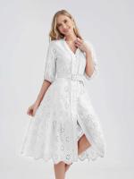 Marwin-Vestido de algodón con agujeros para mujer, Vestido informal de cintura alta con volantes y cuello en V, con volantes - details 25