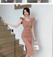 Vestido francés de moda y elegante, arrugado, con cuello cuadrado, envuelto en la cadera, dividido, color rojo vino occidental, vestido negro pequeño - details 3