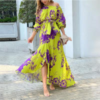 2025 Vestido elegante de cintura alta con hombros inclinados y mangas farol estampadas Ins para mujer - details 6