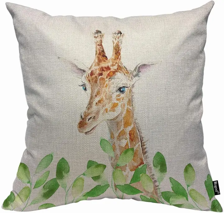 Funda de Almohada de Hoja Verde con Diseño de Jirafa y Hojas Diseño de Animales Africanos - 1