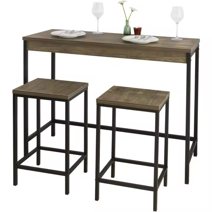 Conjunto de Mesa y taburetes de Estilo Industrial Mesa Alta de Bar + 2 taburetes Juego de Barra - 1