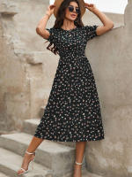 Vestido de mujer, novedad de verano 2025, vestido de longitud media acampanado a la moda con cintura alta y flores redondas para mujer - details 16