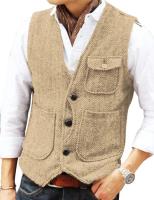 Chaleco de hombre marrón de lana en espiga Tweed con cuello en V, chaleco de herramientas Retro de un solo pecho, chaleco de negocios para caballero para boda - details 18
