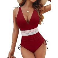 con control de barriga para mujer Traje de baño modesto adelgazante de una pieza con cordón de bloque de color - details 11
