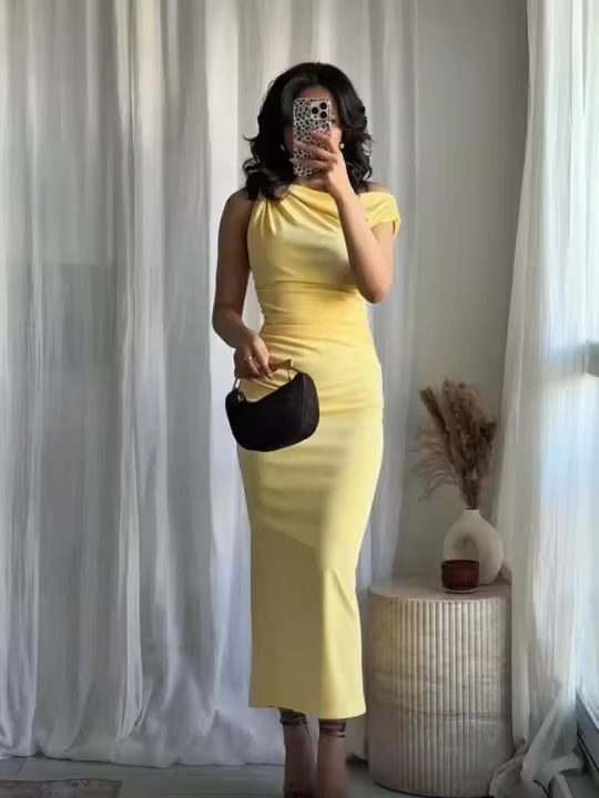 Elegante Vestido Amarillo con Pliegues Cuello Redondo, Ajuste Delgado, Sin Mangas, Ropa de Verano para Mujeres - 1