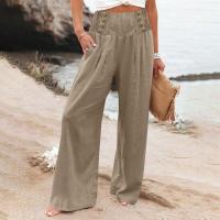 Pantalones largos sueltos de lino y algodón de pierna ancha para mujer con cintura elástica informal de primavera y verano - details 10