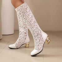 Botas de empalme de malla para primavera/verano 2025, nuevas botas geniales de tacón medio con cremallera trasera y punta redonda para mujer - details 9