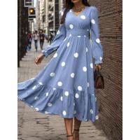 Moda femenina 2024 Primavera Vestido acampanado de manga larga con cuello en V y estampado de lunares - details 3
