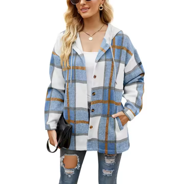 Abrigo de mujer, cárdigan de otoño, abrigo a cuadros, camisa informal holgada con capucha - 1