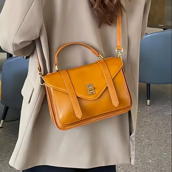 Bolso bandolera de cuero genuino con correa desmontable - Bolso mensajero cuadrado compacto, cierre de cremallera y forro de poliéster, color sólido elegante (amarillo/negro) - Versátil para uso casual y - 1