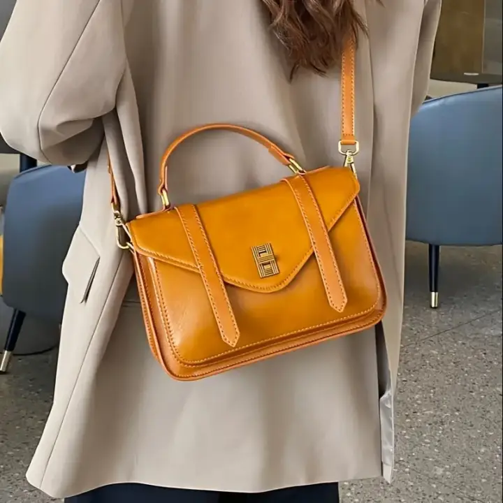 Bolso bandolera de cuero genuino con correa desmontable - Bolso mensajero cuadrado compacto, cierre de cremallera y forro de poliéster, color sólido elegante (amarillo/negro) - Versátil para uso casual y - 1
