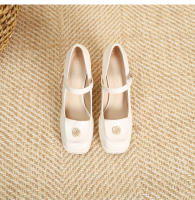 Zapatos de punta cuadrada con tacón grueso y tacón alto plano con hebilla de flor pequeña - details 28