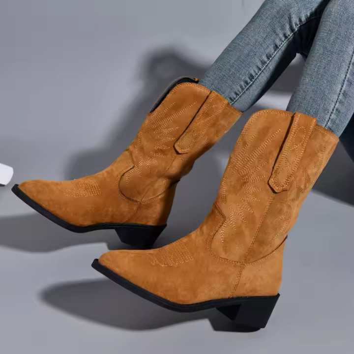 Botas Martin para mujer, otoño e invierno, nuevas botas a media pantorrilla, botas cortas de tacón grueso con punta puntiaguda bordada a la moda - 1