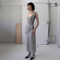 BUNO-Vestido grande de algodón puro con cuello en U para mujer, prenda informal y cómoda, con cintura irregular y falda larga adelgazante, color gris - details 3