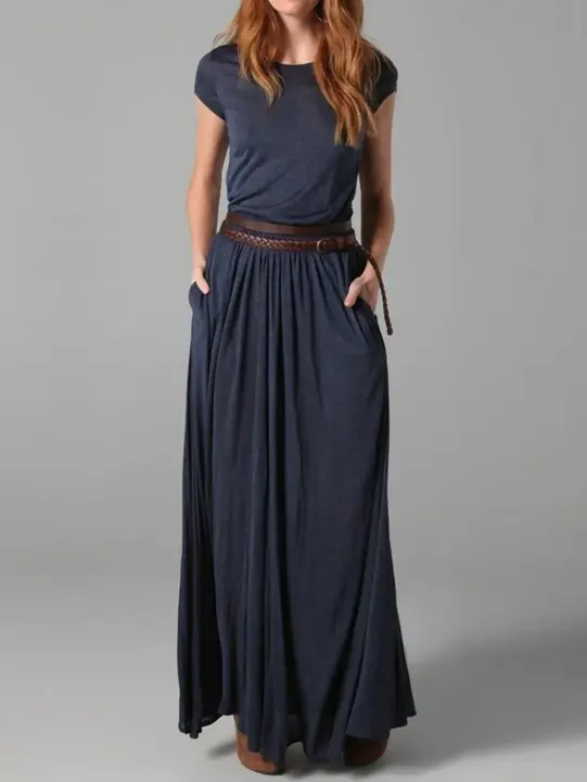 Vestido largo plisado de manga corta con bolsillos, ropa de mujer casual simple moda retro - 1