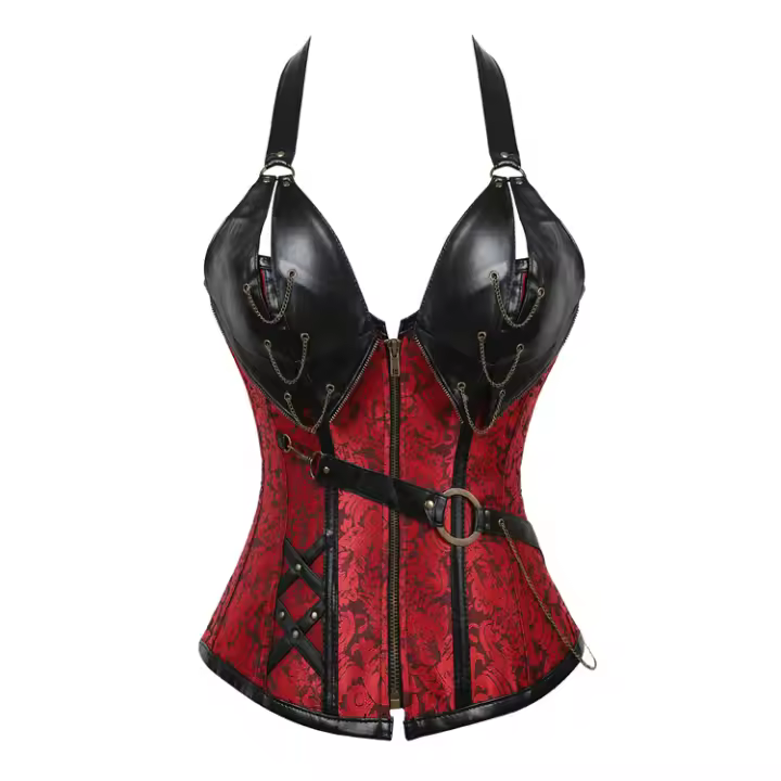 Corsé ajustado de cuero punk con cinturón, ropa moldeadora de cuello colgante, color negro y marrón, 14 huesos de acero - 1