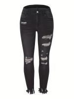 Pantalones vaqueros ajustados recortados con dobladillo crudo rasgados, pantalones ajustados de cintura alta, ropa de mezclilla para mujer - details 4