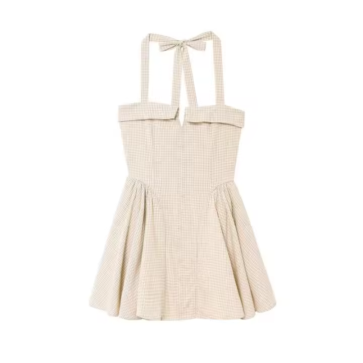 BUNO-Casual Chic vestido de mujer a cuadros Halter sin mangas drapeado cremallera Vestidos cortos nueva moda 2025 Primavera Verano vestido de vacaciones. - 1