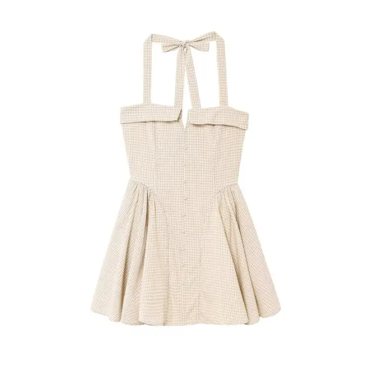 BUNO-Casual Chic vestido de mujer a cuadros Halter sin mangas drapeado cremallera Vestidos cortos nueva moda 2025 Primavera Verano vestido de vacaciones. - 1