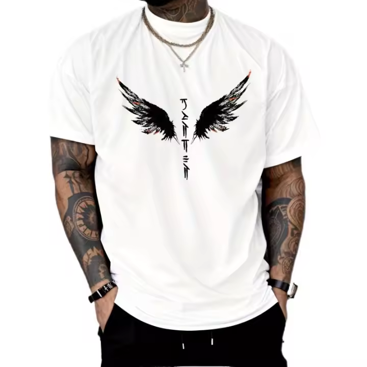 Camiseta Casual con Estampado de Caligrafía Japonesa de Alas de Ángel Cuello Redondo, Manga Corta, Ligera para Gimnasio y Ocio Moda Casual para Hombres - 1