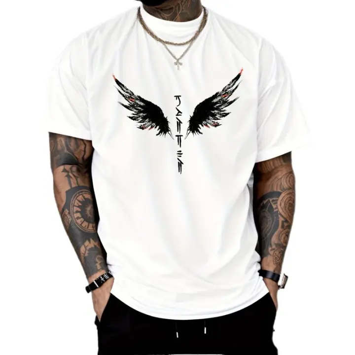 Camiseta Casual con Estampado de Caligrafía Japonesa de Alas de Ángel Cuello Redondo, Manga Corta, Ligera para Gimnasio y Ocio Moda Casual para Hombres - 1
