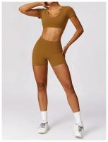 Conjunto de mallas de yoga, top, conjunto deportivo Fiess de manga corta, material de nailon para mujer, patrón sólido adaptable para primavera/verano - details 19