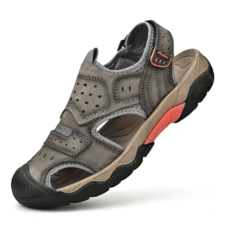 Sandalias de cuero genuino de verano para hombre, cómodas sandalias de playa para exteriores, zapatos romanos informales con punta anticolisión para senderismo y viajes - 1