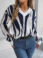 Jersey con cuello en V para mujer, suéter de manga larga con patrón geométrico de contraste, hilo de rosca, Tops informales de punto, otoño e invierno, 2023 - details 1