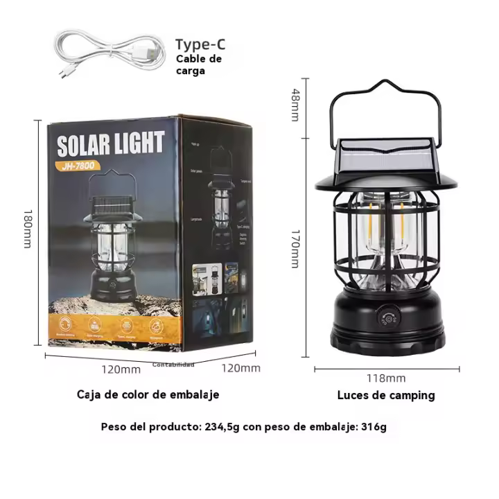 Lampara camping solar Retro multifunción recargable Portátil ligera playa Faroles jardin exterior - 1