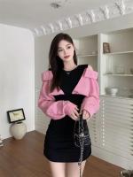 Vestido de manga larga de dos piezas falso empalmado, falda corta ajustada con hombros descubiertos y nicho de otoño - details 8