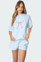 Conjunto dulce arco reductor de edad 2025, suéter de manga corta con estampado suelto, top de mujer, pantalones cortos de manga corta. - details 6