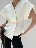 Camisa elegante de manga corta para mujer, Tops ajustados con cuello en V Irregular, botones sólidos, temperamento informal - details 4