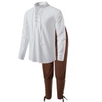 Conjunto de disfraz de caballero Medieval para hombre, camisas de pirata de Cosplay renacentista, pantalones con bandas en el tobillo para Halloween, tela de lino y algodón, 2 uds. - details 2