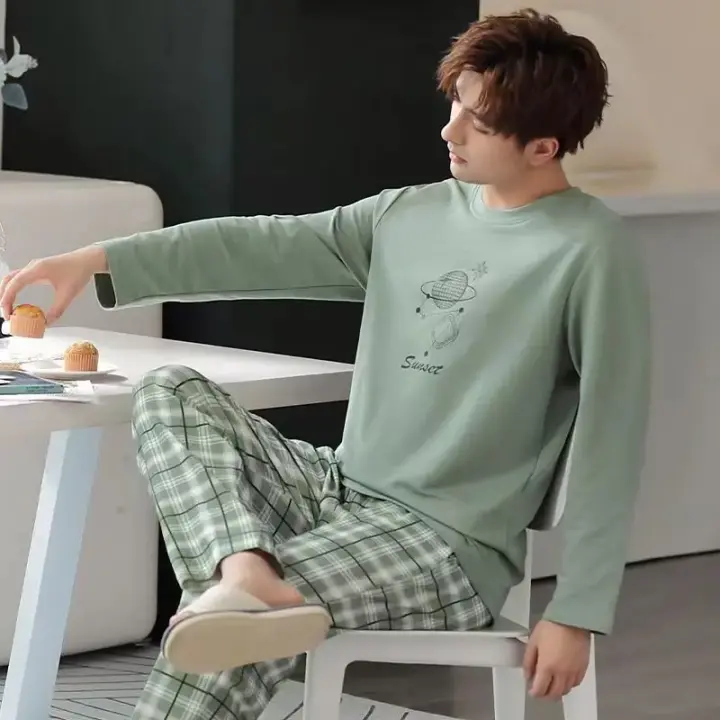 Conjunto de pijama para hombre, ropa informal de hogar de manga larga suave de 2 piezas - 1
