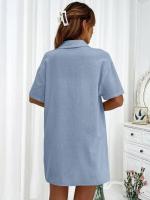 Conjunto de camisa de dos piezas de color sólido con pantalones cortos de moda para mujer, informal, suelto, manga corta, una sola fila - details 19